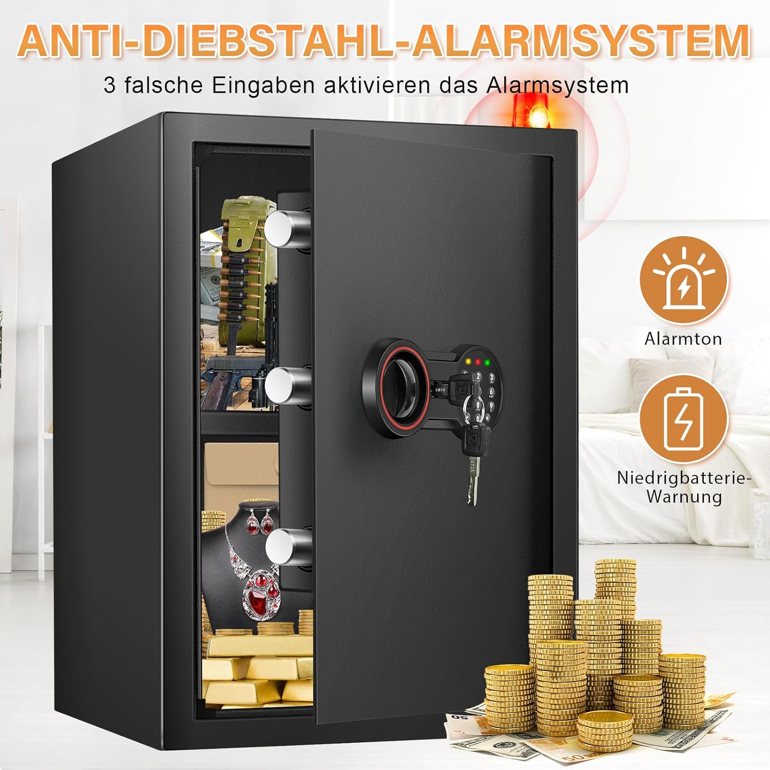 Detalle de 70L Großer Safe Tresor: Digitales Tresor mit Schlüssel, Alarm, Abnehmbarem Regal und Wand-/Schrankverankerung