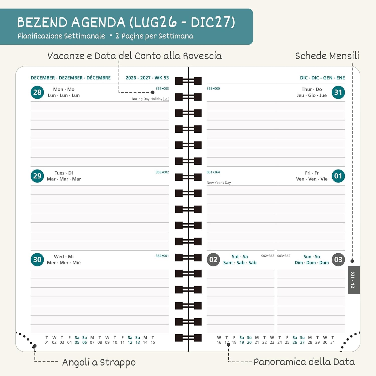 Thumbnail 2 de BEZEND Agenda 2026-2027 Settimanale Tascabile Spirale A6 18 Mesi, Nero, PU Morbida