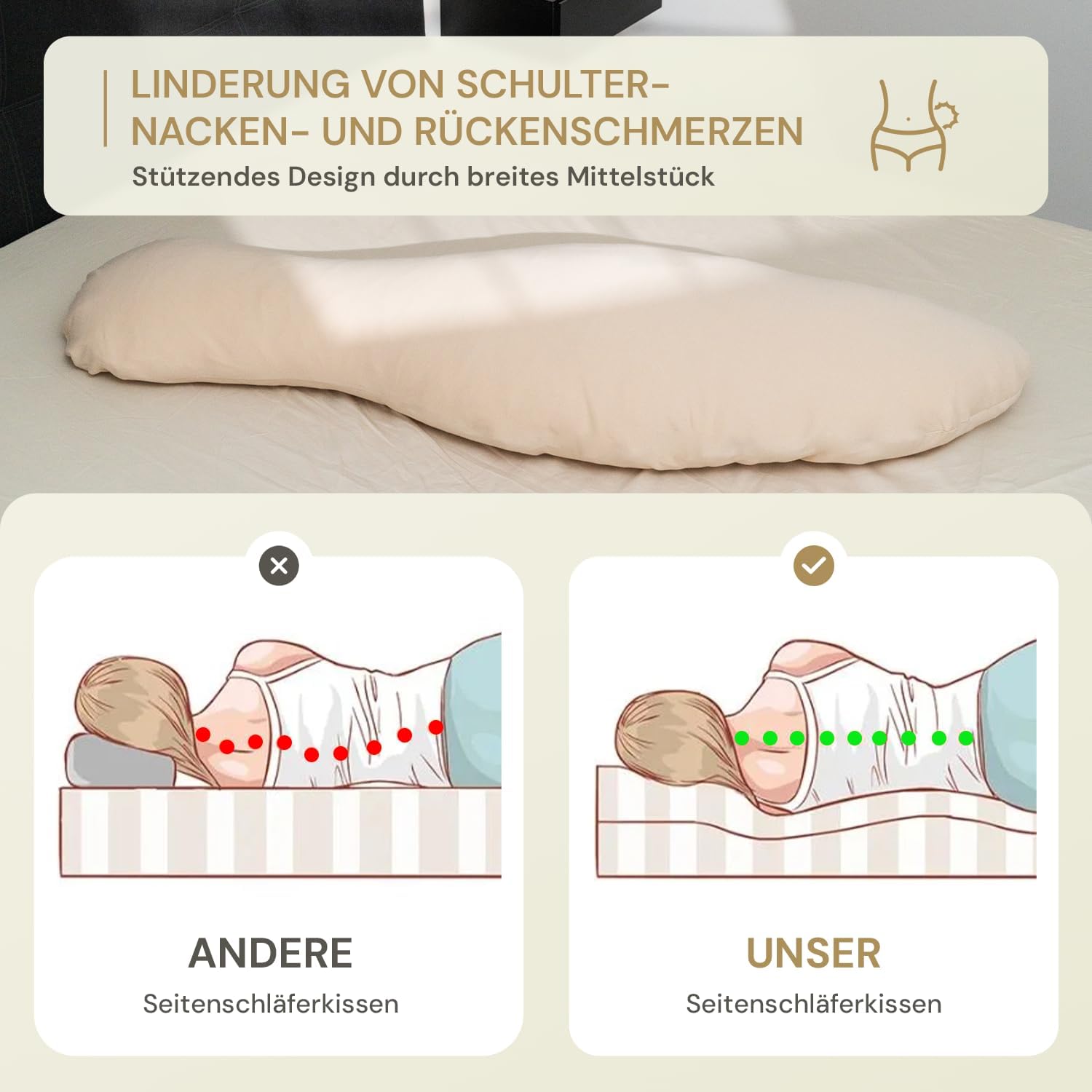Thumbnail 3 de Opanoli ergonomisches Seitenschläferkissen – 100% Baumwolle, Oeko-TEX, Beige