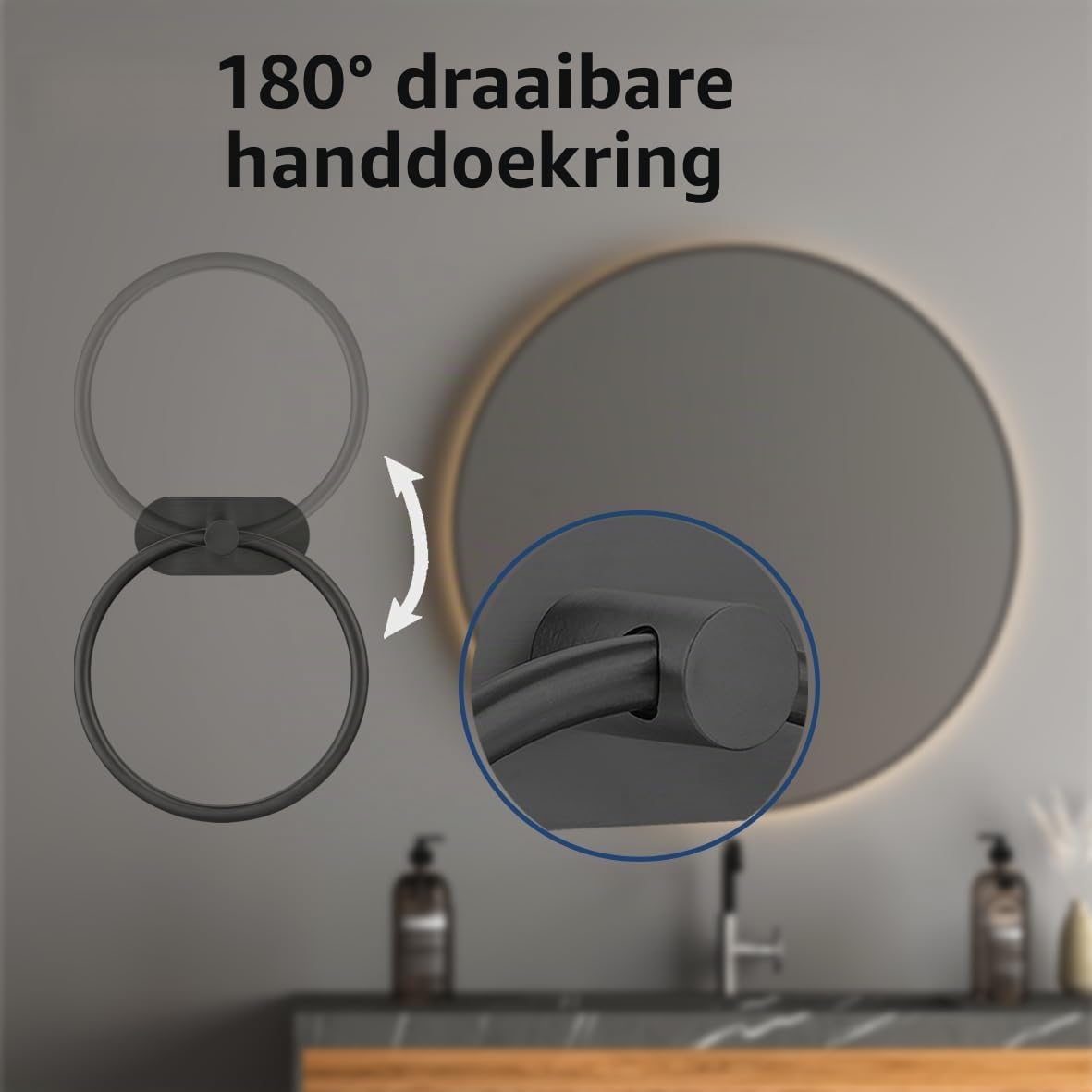 Detalle de Markcco MKEU-002-STR zelfklevende handdoekring, matzwart roestvrij staal