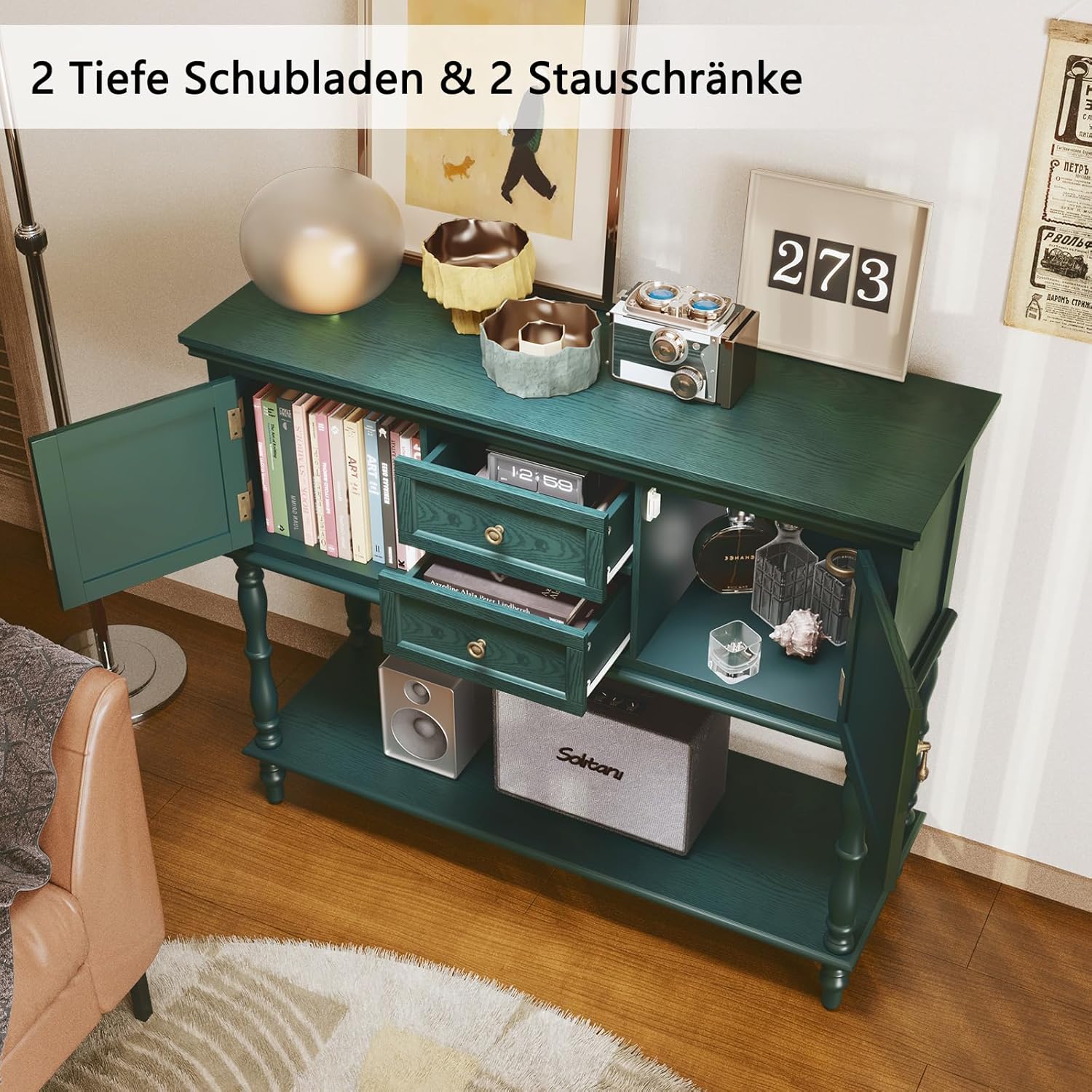 Detalle 2 de MROJISC Tavolo consolle con cassetti e armadietto in legno verde, stile retro e neoclassico
