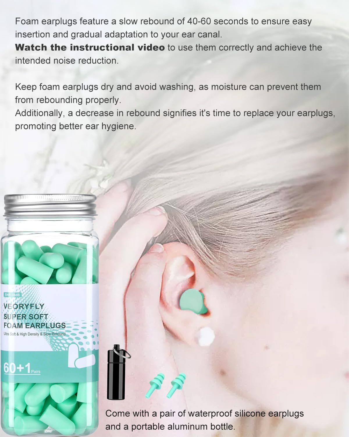 Detalle de VeoryFly soft foam earplugs, 38 dB