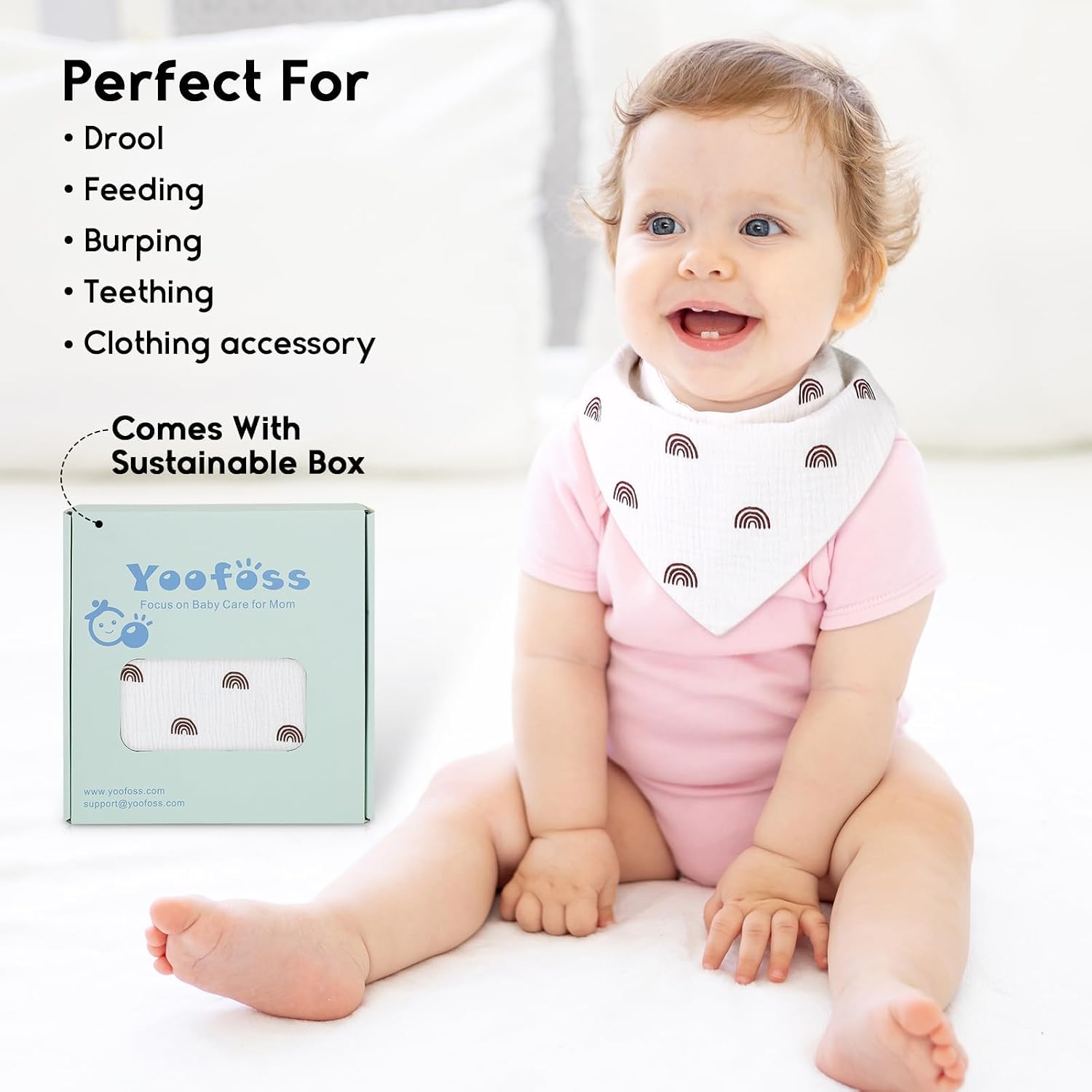 Detalle 1 de Yoofoss Muslin Baby Bibs (10 Pack) – 100% Cotton Dribble Bandana for Teething, Adjustable Snaps
