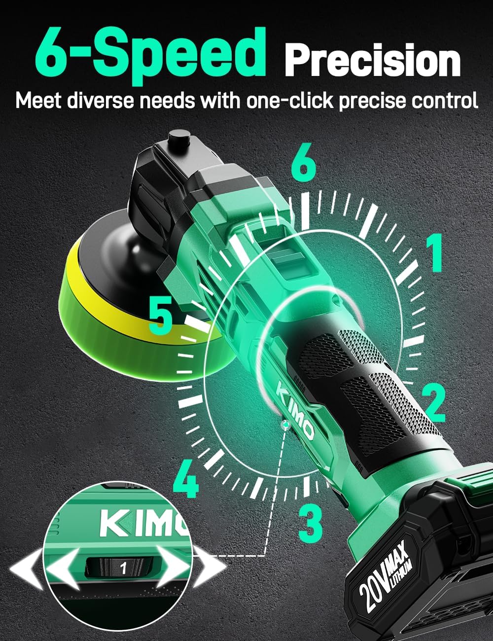 Detalle de KIMO 20V Cordless Buffer Polisher Kit (4-Inch, 25-Piece Polishing Kit) with 2*2000mAh Batteries