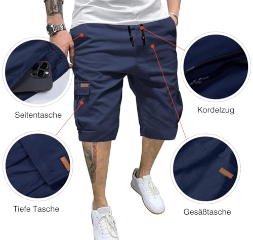 Thumbnail 7 de JMIERR Cargo Shorts Herren – kurze Baumwoll-Shorts mit elastischer Taille, 6 Taschen, Blau, Größe L (EU 52)