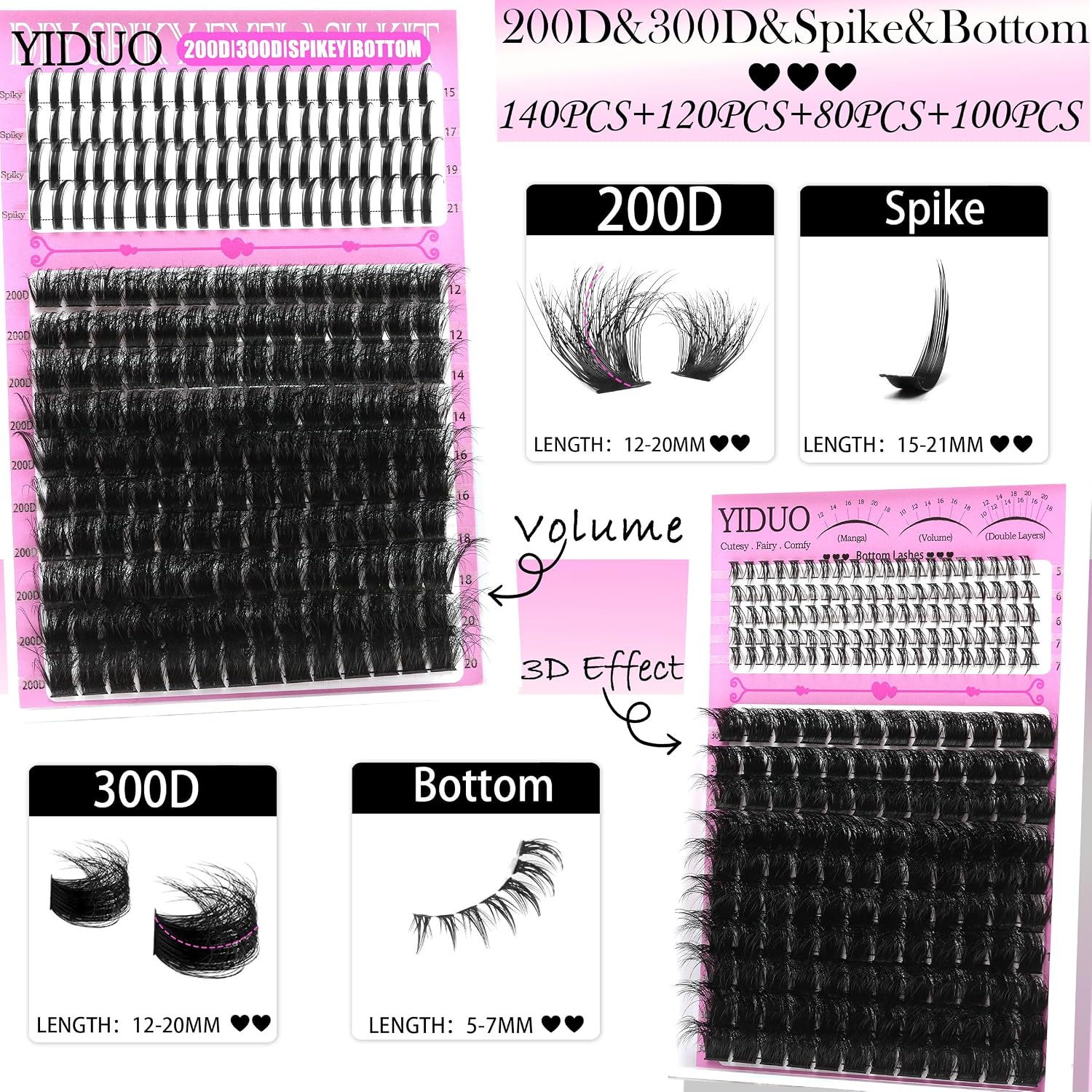 Thumbnail 3 de YIDUO Lash Clusters Kit 3D Volume 200D+300D Mix with Spikes, Bottom Clusters, and Lash Bond Set