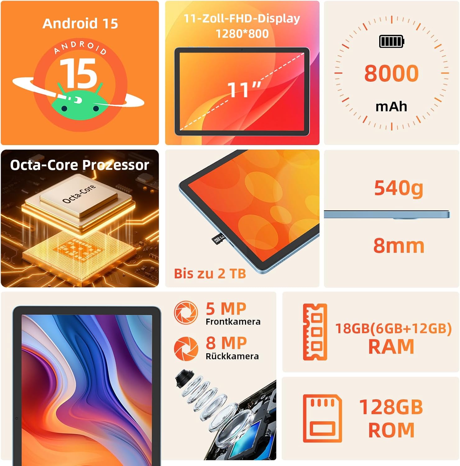 Detalle de AWOW 11-Zoll Tablet mit Tastatur – Android 15, 18 GB RAM, 128 GB Speicher, microSD bis 2 TB, WiFi 6
