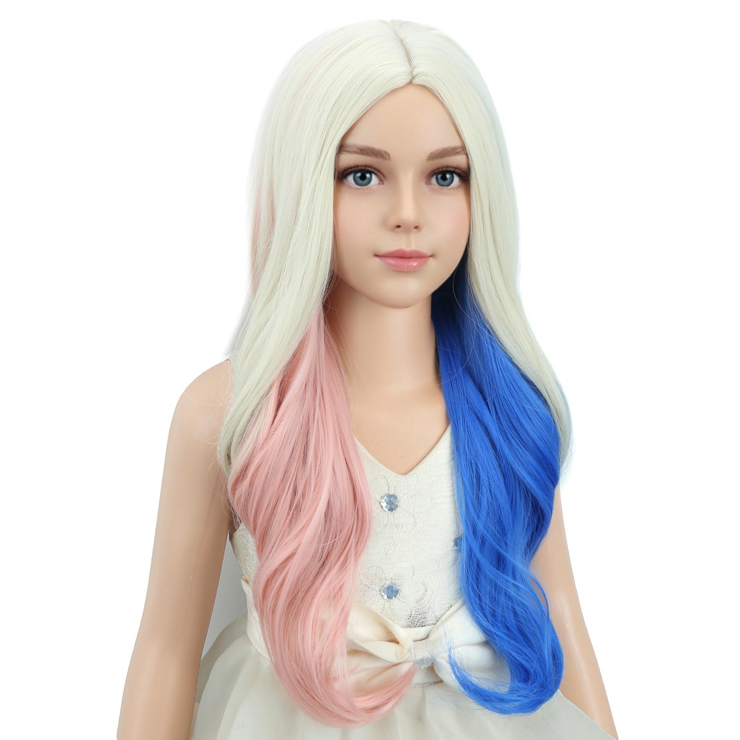 Detalle de PATTNIUM Pink and Blue Wavy Wig for Kids, 22-Inch Heat-Resistant Synthetic Hair