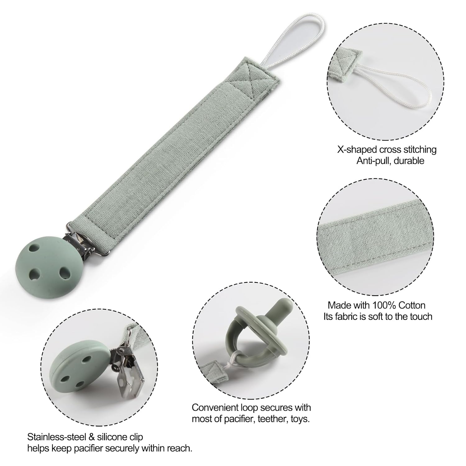 Thumbnail 3 de meanus Schnullerkette (2er-Set) mit Baumwollband und Silikonclip, BPA-frei – Sand & Light Grey