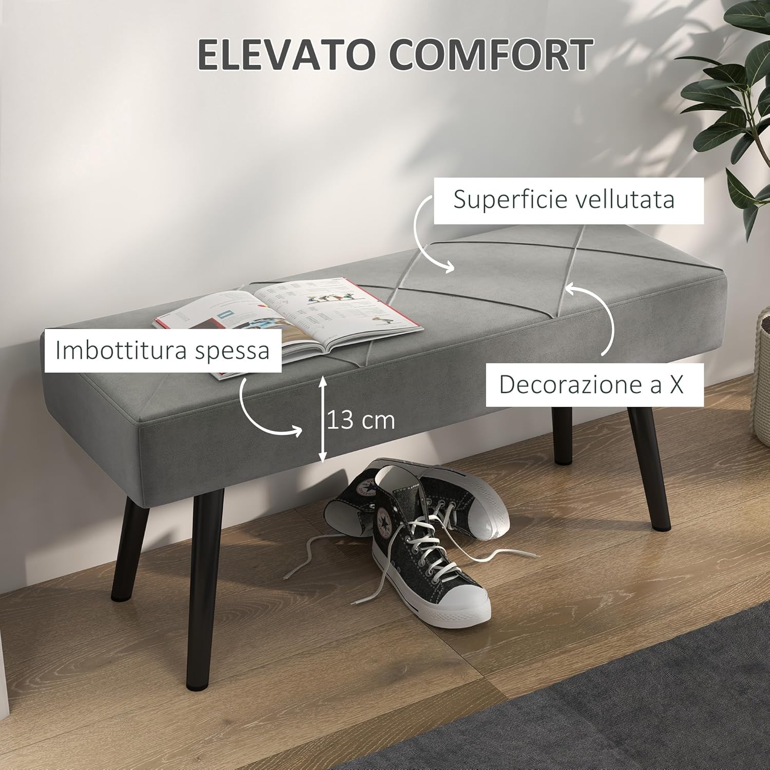 Detalle 2 de HOMCOM BancBout de lit Banquette Velours Gris 100x36x45 cm