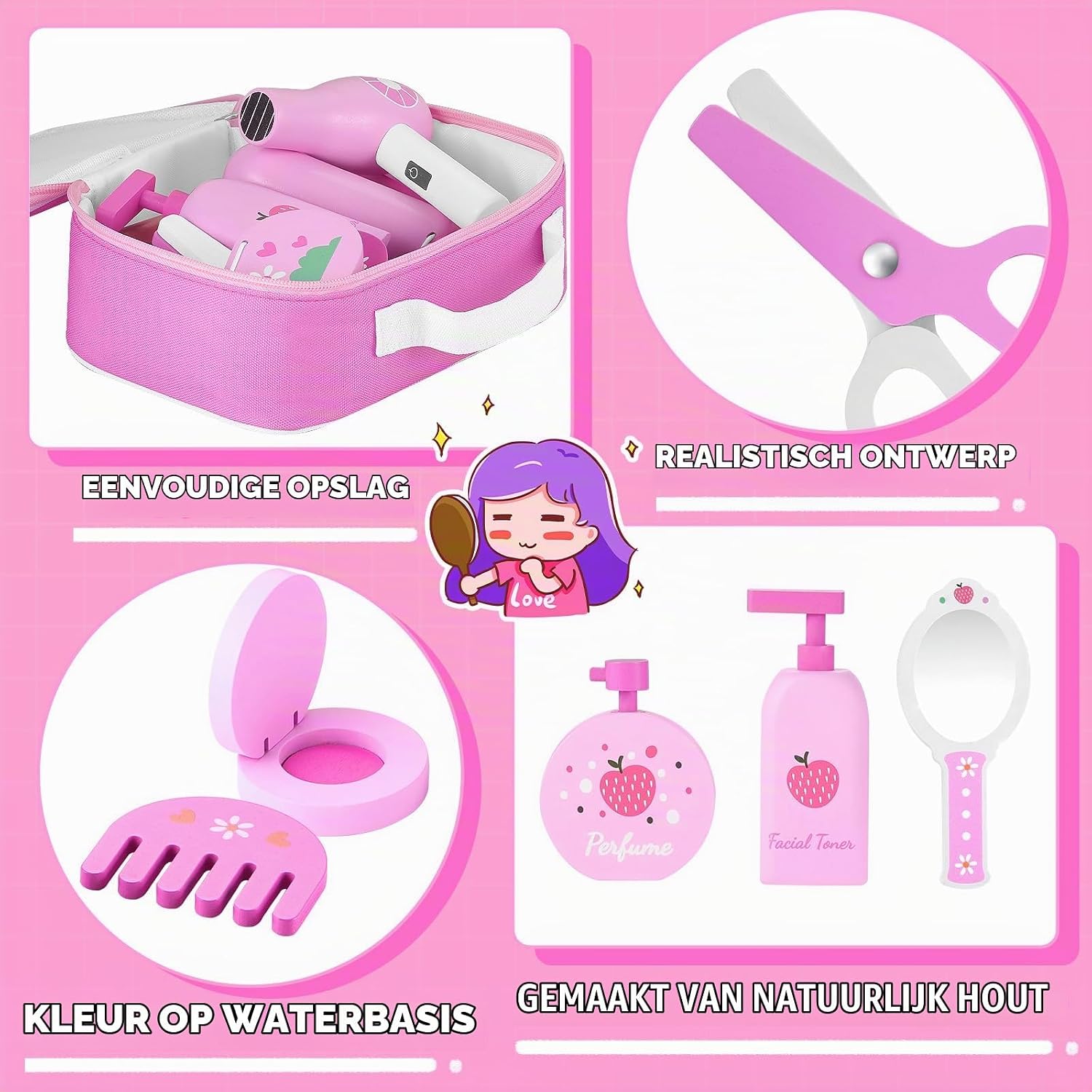 Thumbnail 1 de GAGAKU G06MU2401 houten make-up- en kappersset, roze, 16-delig