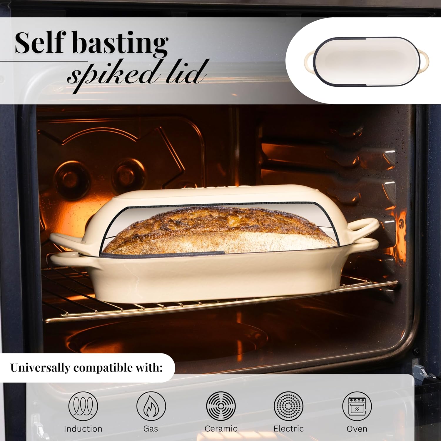 Detalle de Nuovva Enamelled Cast Iron Bread Loaf Pot (Rectangular Dutch Oven) – 34cm x 16cm, Cream