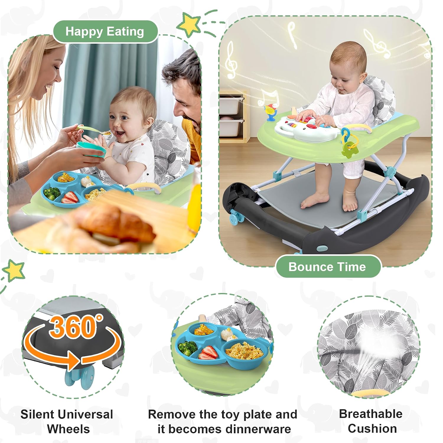 Detalle de Pawtong 5-in-1 Baby Walker in Green with 3-Position Height Adjustment