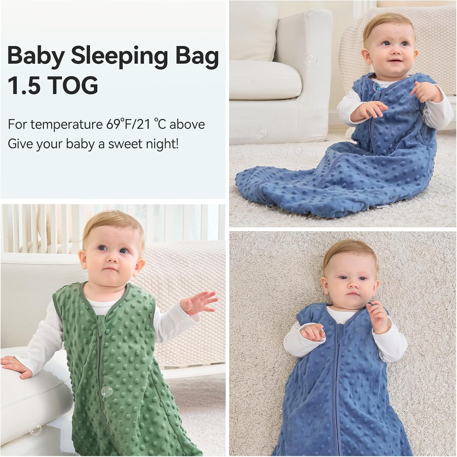Thumbnail 6 de Unnivoll Baby Sleeping Bag 1.5 Tog with Plush Dots – 2 Pack (Blue & Green)