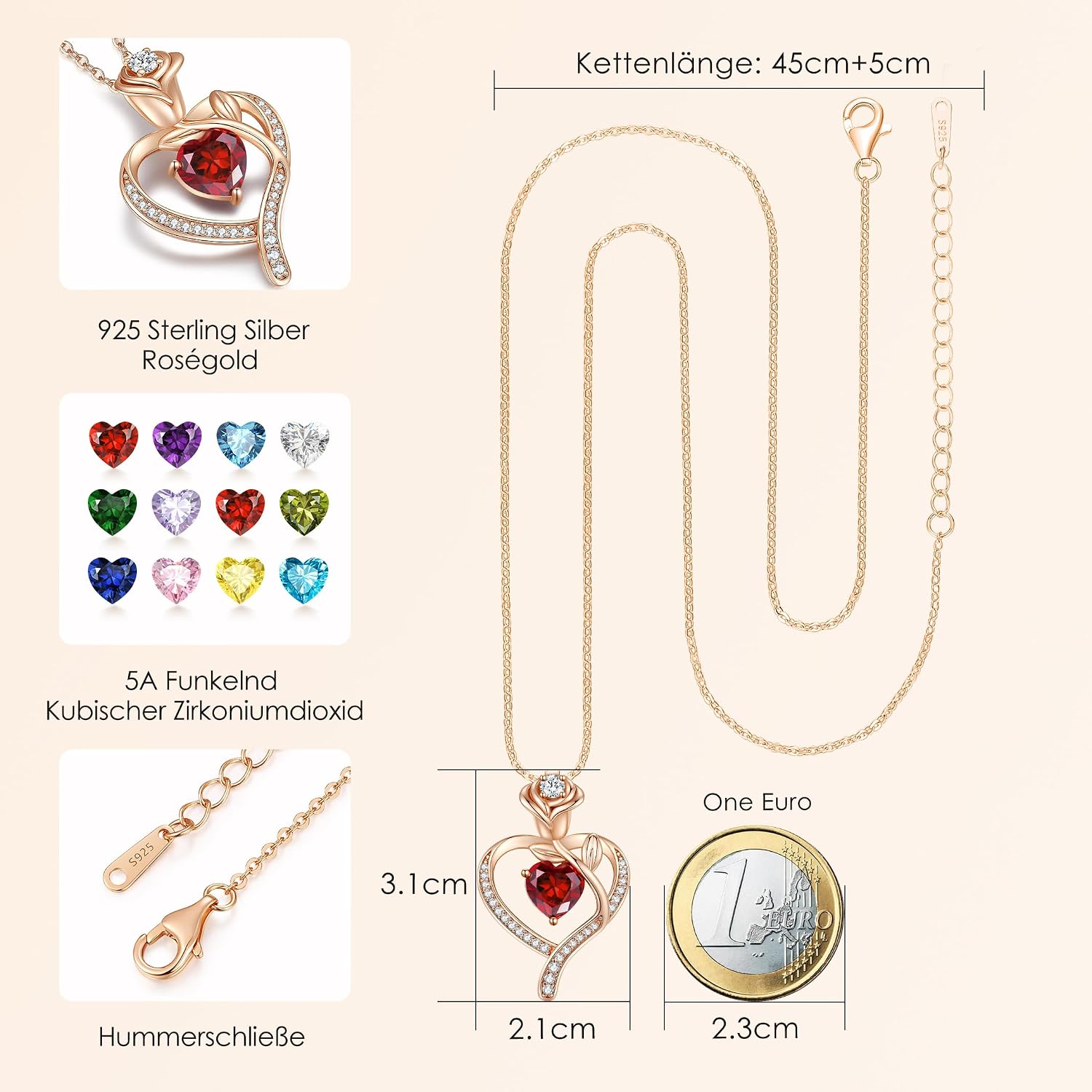 Detalle 2 de CDE Halskette Damen Rosegold Herz 45+5 cm