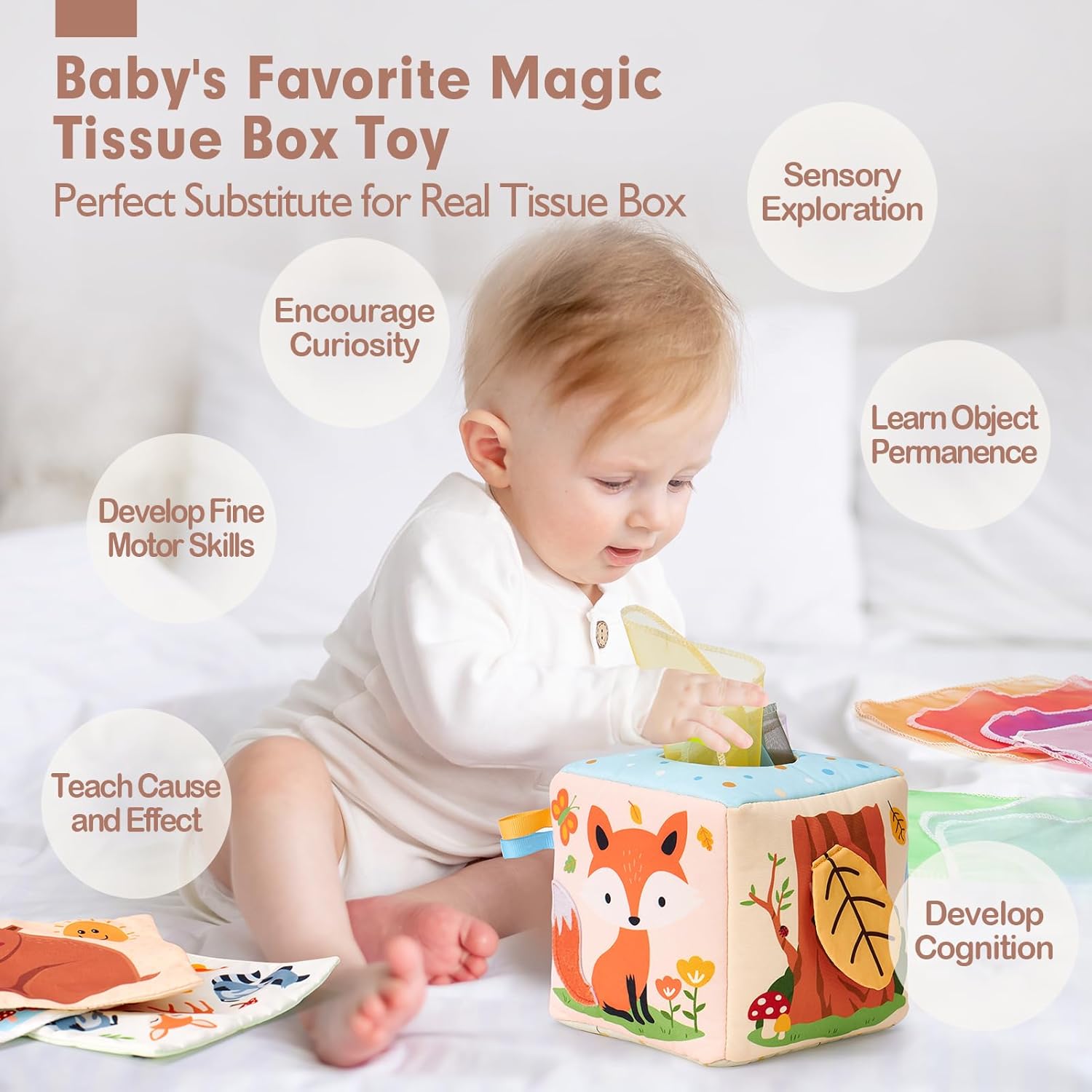 Detalle 2 de hahaland Baby Tissue Box Toy sensory toy for 6 months