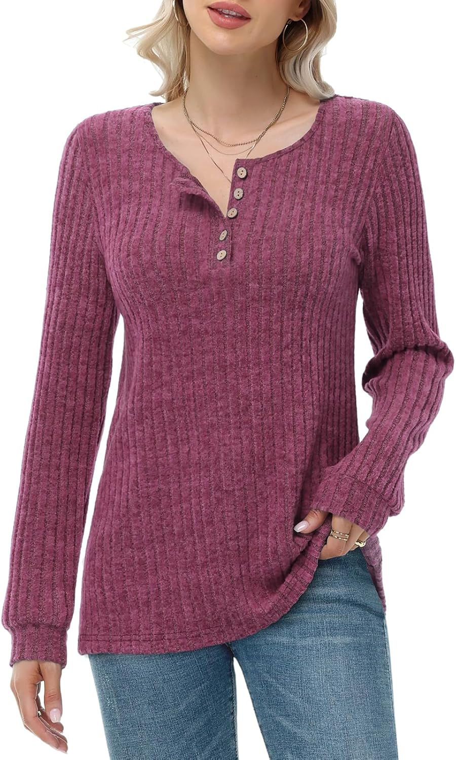 Thumbnail 4 de Tanmolo Damen Henley Strickpullover mit Knöpfen