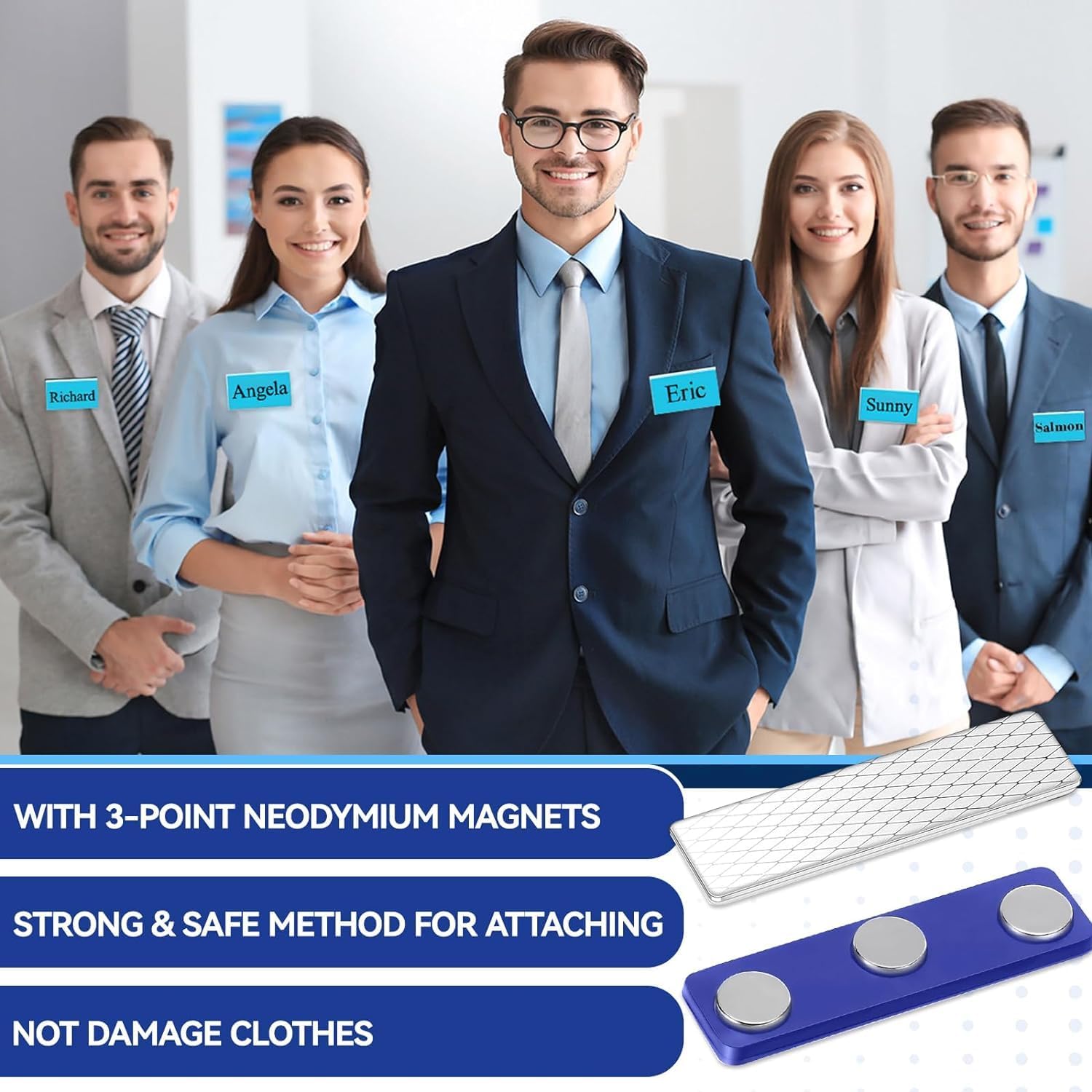 Detalle de Lot de 10 badges nominatif magnétique pour vêtements — porte-badges avec 3 points d’aimants