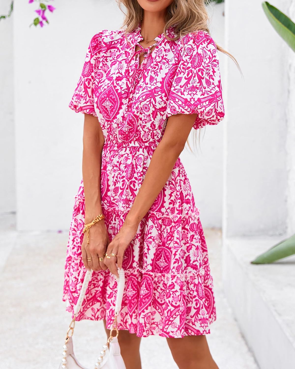 Thumbnail 3 de BTFBM Women’s Summer Floral Boho Swing Dress with V Neck & Tiered Ruffle Hem (Mini)