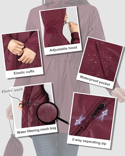 Detalle 1 de 33,000ft Women's Rain Jacket Lightweight Hooded Long Rain Coat - Waterproof & Breathable Packable Windbreaker (Wine Red, 3XL/20-22)