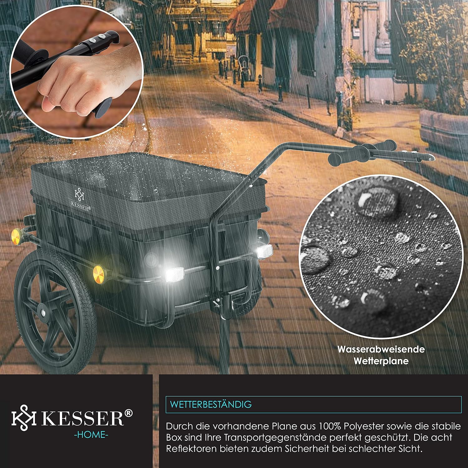 Detalle 1 de KESSER Fahrradanhänger/Lastenanhänger mit Kupplung, Hochdeichsel und 70-Liter-Transportbox (für 2 Bierkästen)