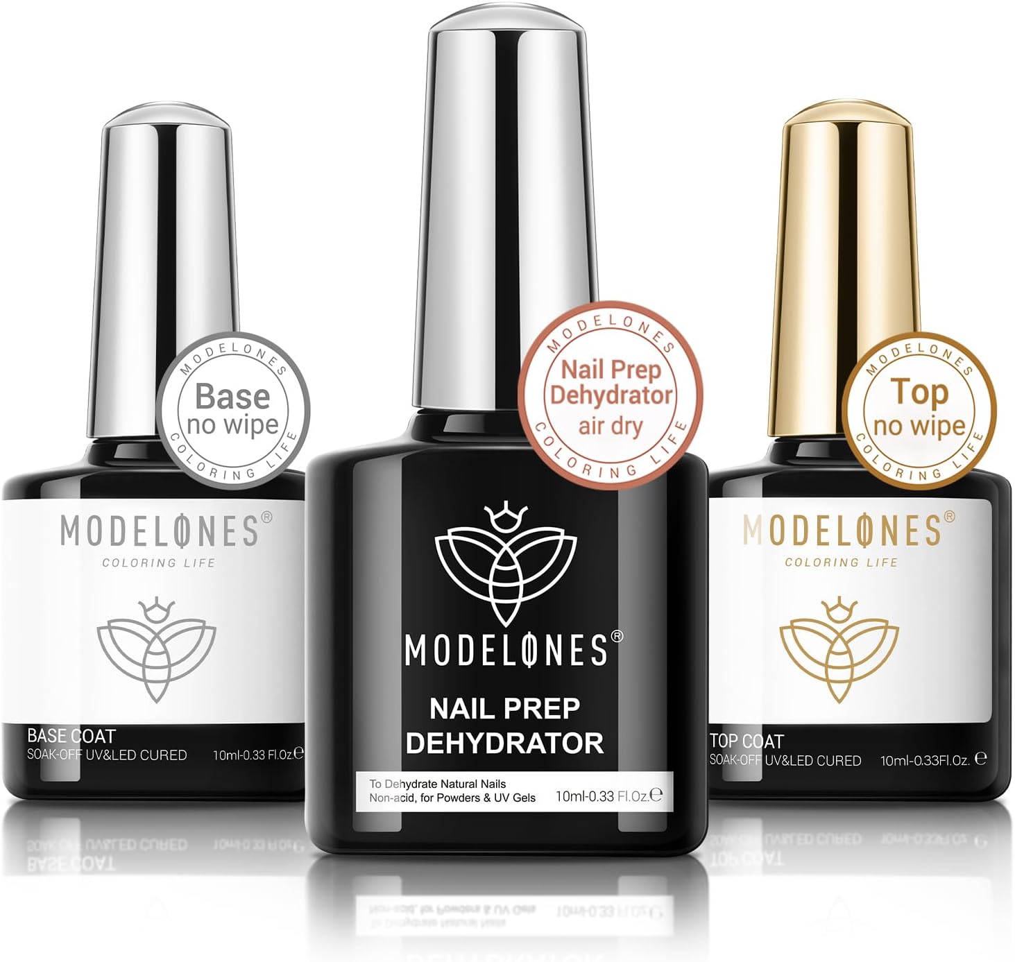 Detalle de modelones Base Coat Top Coat UV und Dehydrator für Nägel Set, 3 × 10 ml