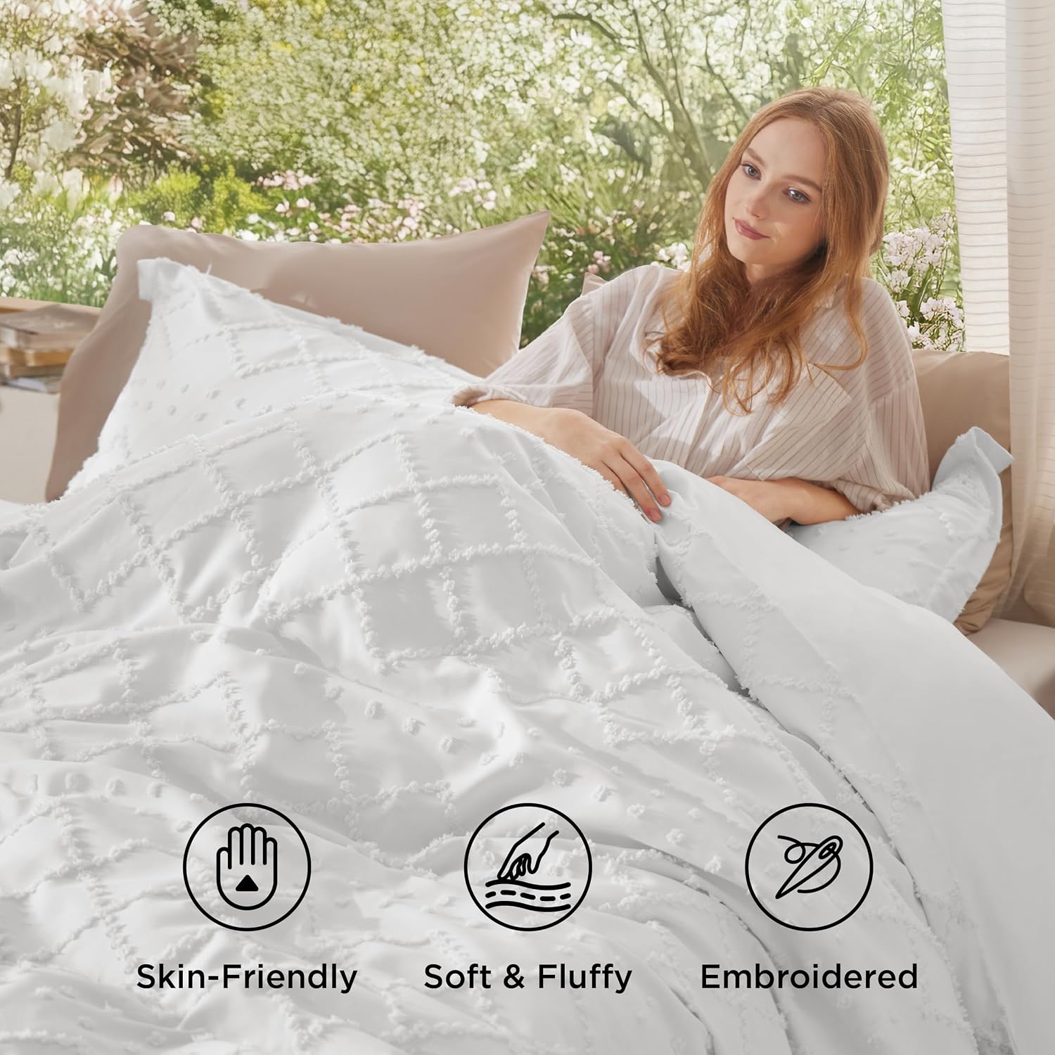 Thumbnail 2 de Bedsure Duvet Cover Set-Solid-Embroidery Queen, White Tufted Polyester