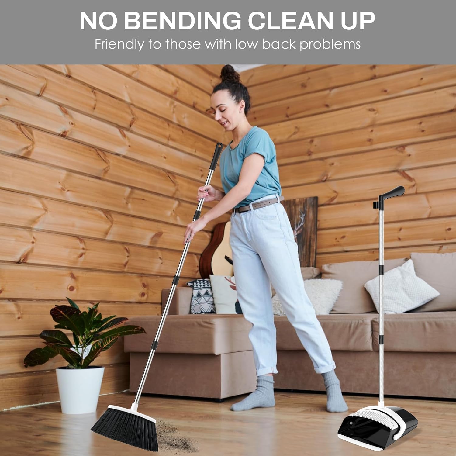 Thumbnail 6 de EZKEY Long-Handle Broom and Dustpan Set with Adjustable Telescopic Poles and Dustpan Comb Teeth