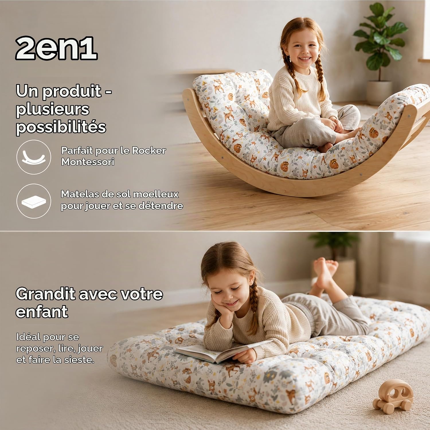 Detalle de Totsy Baby Montessori-boogkussen 60 x 120 cm, omkeerbaar vloermatras met giraffen