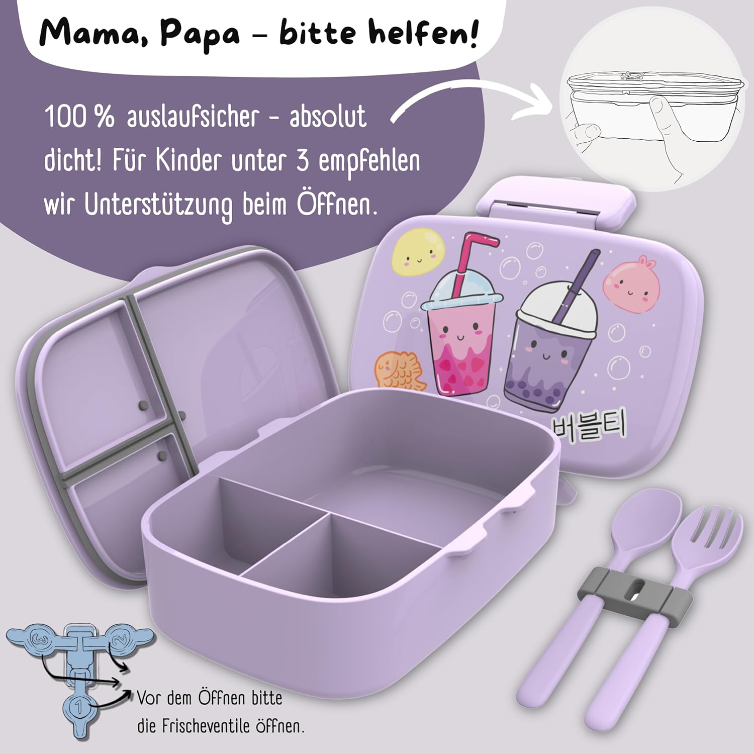 Thumbnail 2 de BEARFOOT Brotdose Kinder mit Fächern (BPA-frei) – auslaufsichere Lunchbox für Kindergarten & Schule, BubbleTea-lila