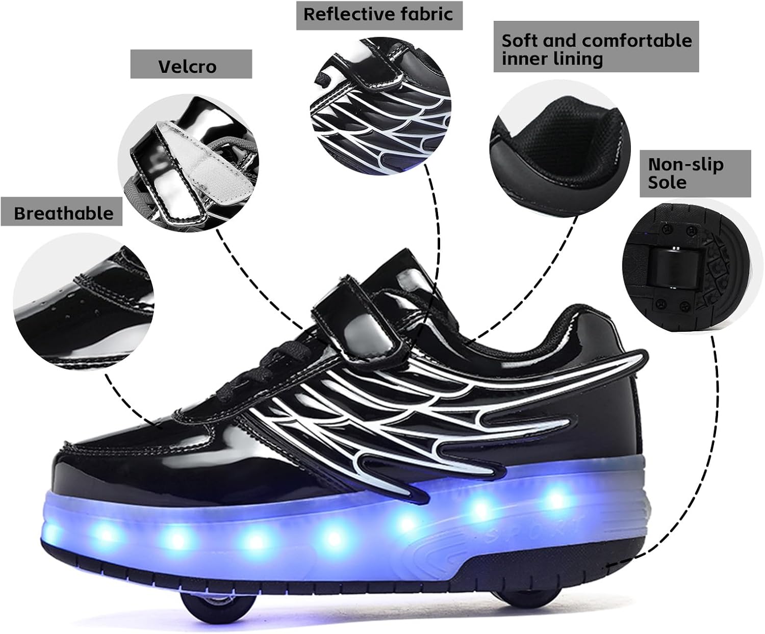 Detalle de Hoverkickes LED Roller Skate Shoes for Kids with Rechargeable Lights and Detachable Wheels