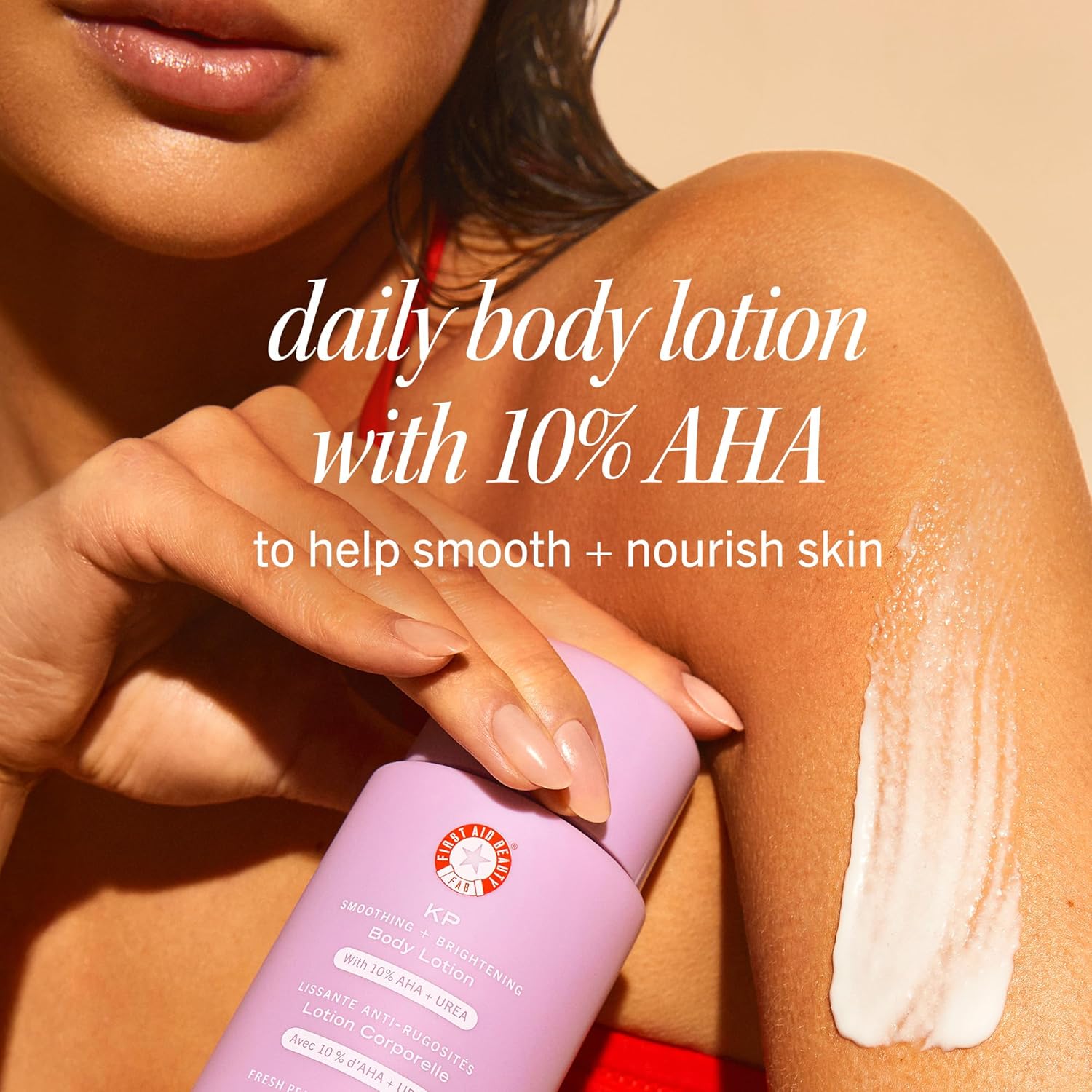 Thumbnail 1 de First Aid Beauty KP Smoothing + Brightening Body Lotion (10% AHA) with Lactic Acid, Urea & Colloidal Oatmeal, Peach Scent, 6.7 fl oz