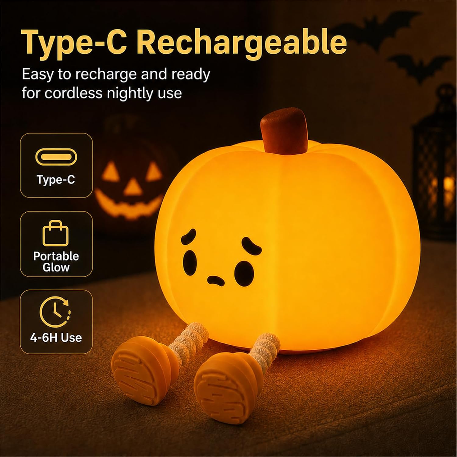 Detalle 2 de MUID Halloween Pumpkin Night Light, Rechargeable Silicone Touch Lamp