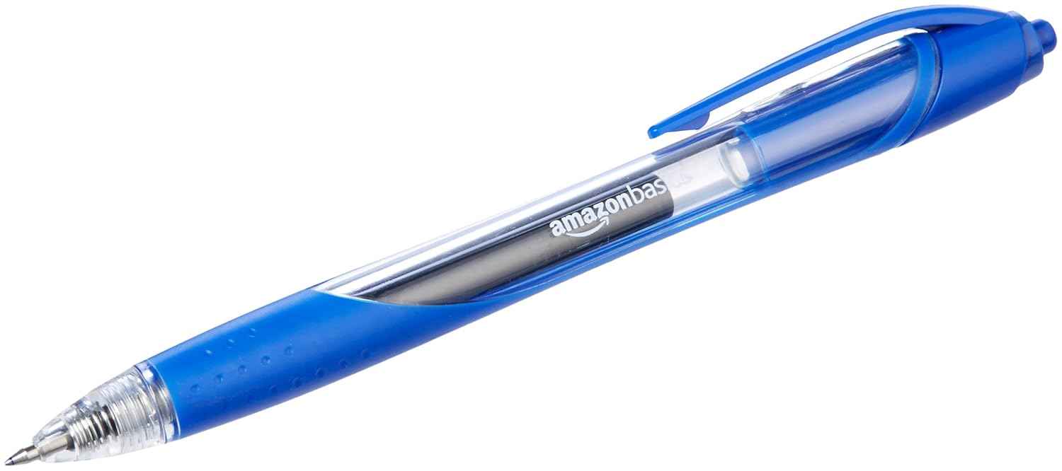 Detalle de Amazon Basics Penne a scatto con inchiostro gel blu, punta fine 0,7 mm – 12 pezzi (confezione da 1) IT