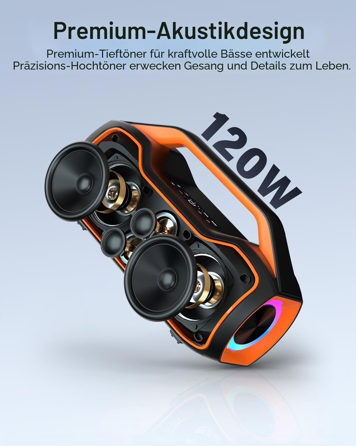 Detalle 2 de Bluetooth Tragbarer Lautsprecher mit 120 W Spitzenleistung – Outdoor DSP-Sound, IP65, 2x Subwoofer, TWS & RGB
