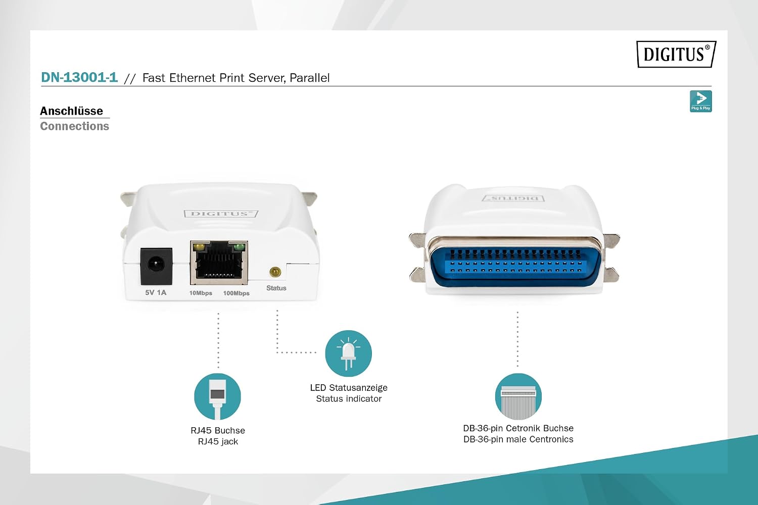 Detalle de DIGITUS DN-13001-1 – przewodowy serwer druku Fast Ethernet z portem równoległym