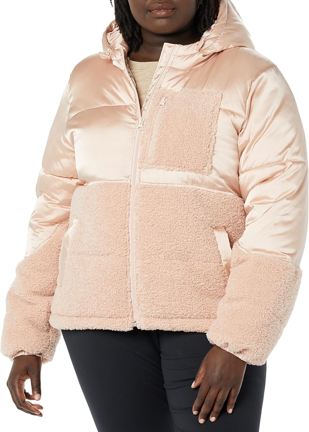Detalle de Amazon Essentials Donna Piumino Sherpa con Cappuccio e Cerniera Integrale: calore morbido e look casual