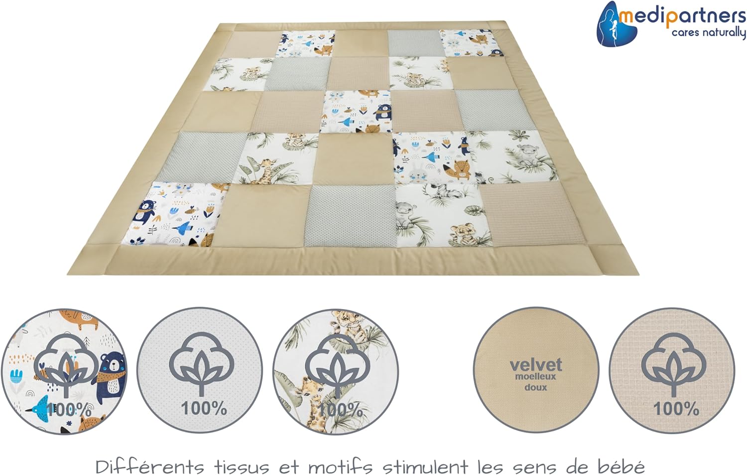 Thumbnail 3 de Medi Partners Tapis d'éveil Bebe 100x100 cm – Motricité et douceur en coton certifié OEKO-TEX
