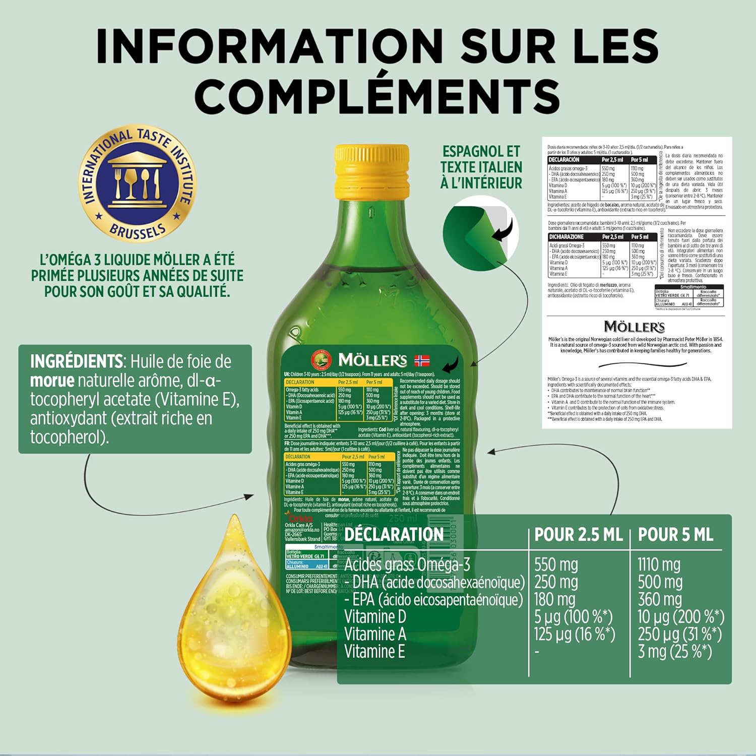 Detalle de Moller’s huile de foie de morue oméga 3 citron – 250 ml x 3, source durable, depuis 1854