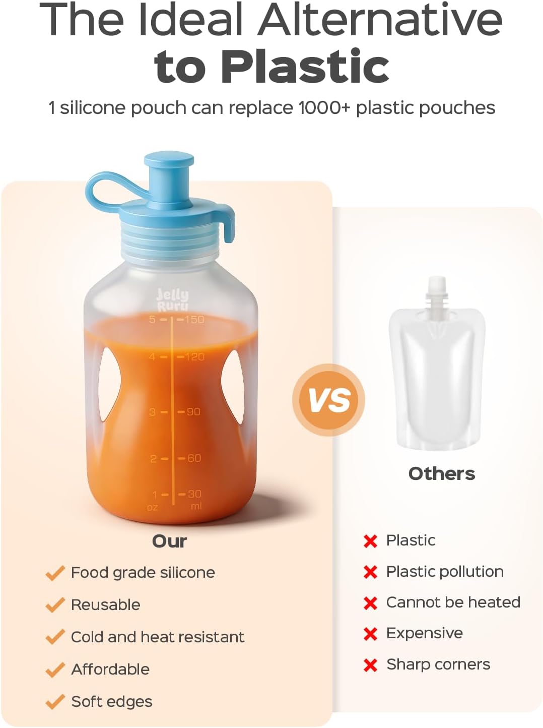 Detalle 1 de Jelly Ruru JR01 Reusable Silicone Baby Food Pouches, 5 oz, 4-Pack