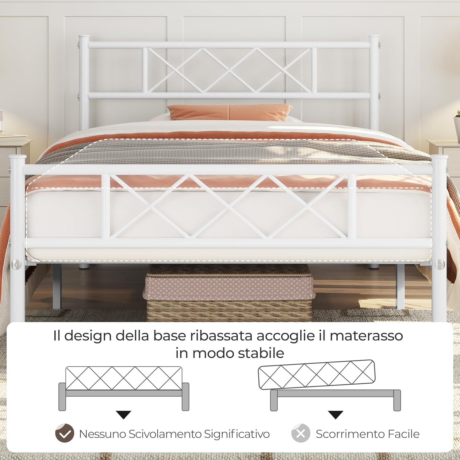 Thumbnail 2 de Yaheetech Struttura letto singolo in metallo con testiera a X e rete a doghe 90x200 cm (bianco)