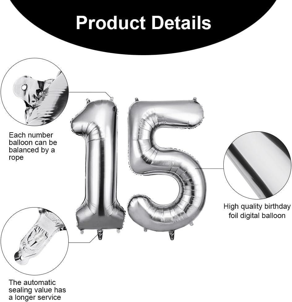Thumbnail 2 de OFFCUP 40 Inch Number 15 Balloon – Large Silver Foil Balloons for Celebrations