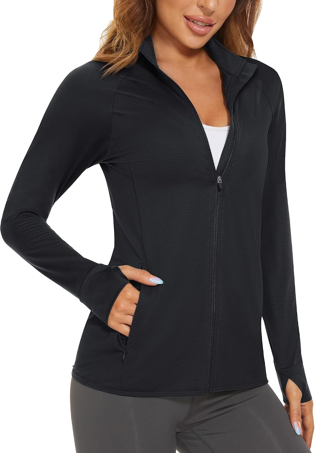Detalle de MAGCOMSEN Women's UPF 50+ Zip-Up Athletic Jacket with Thumb Holes