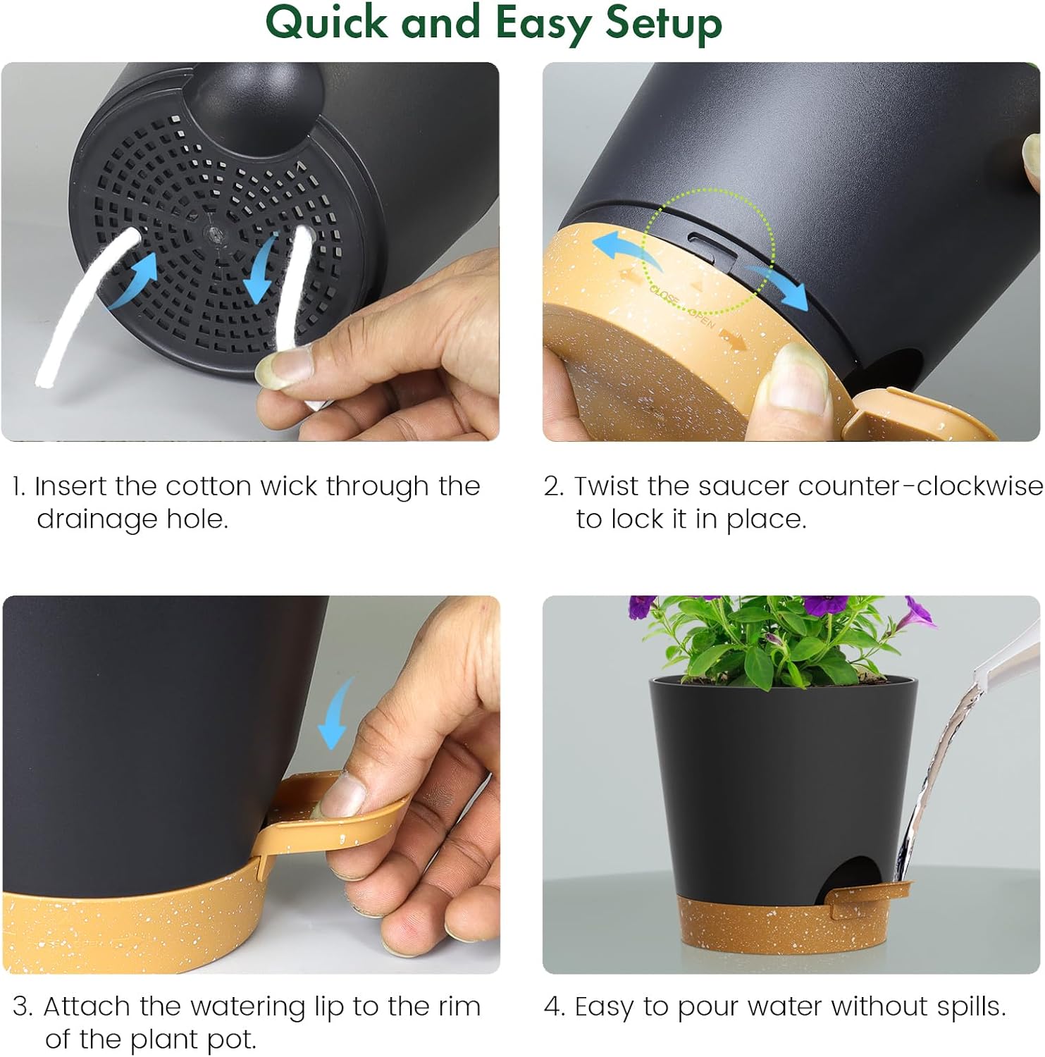 Thumbnail 2 de WSMKSZ 30 cm Large Self Watering Plant Pots – 2 Pack with Drainage Holes & Deep Reservoirs (Cotton Wick) in Black/Brown