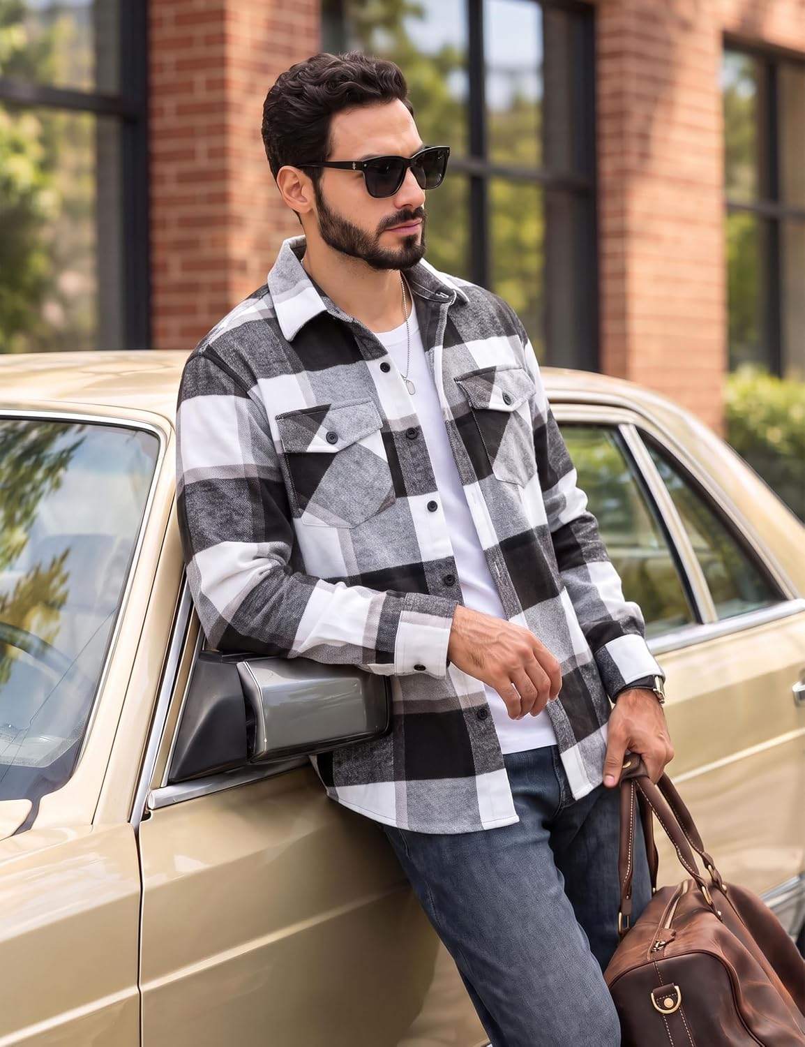 Detalle de TACVASEN Men's Brushed Cotton Plaid Flannel Button-Down Shirt with Pockets