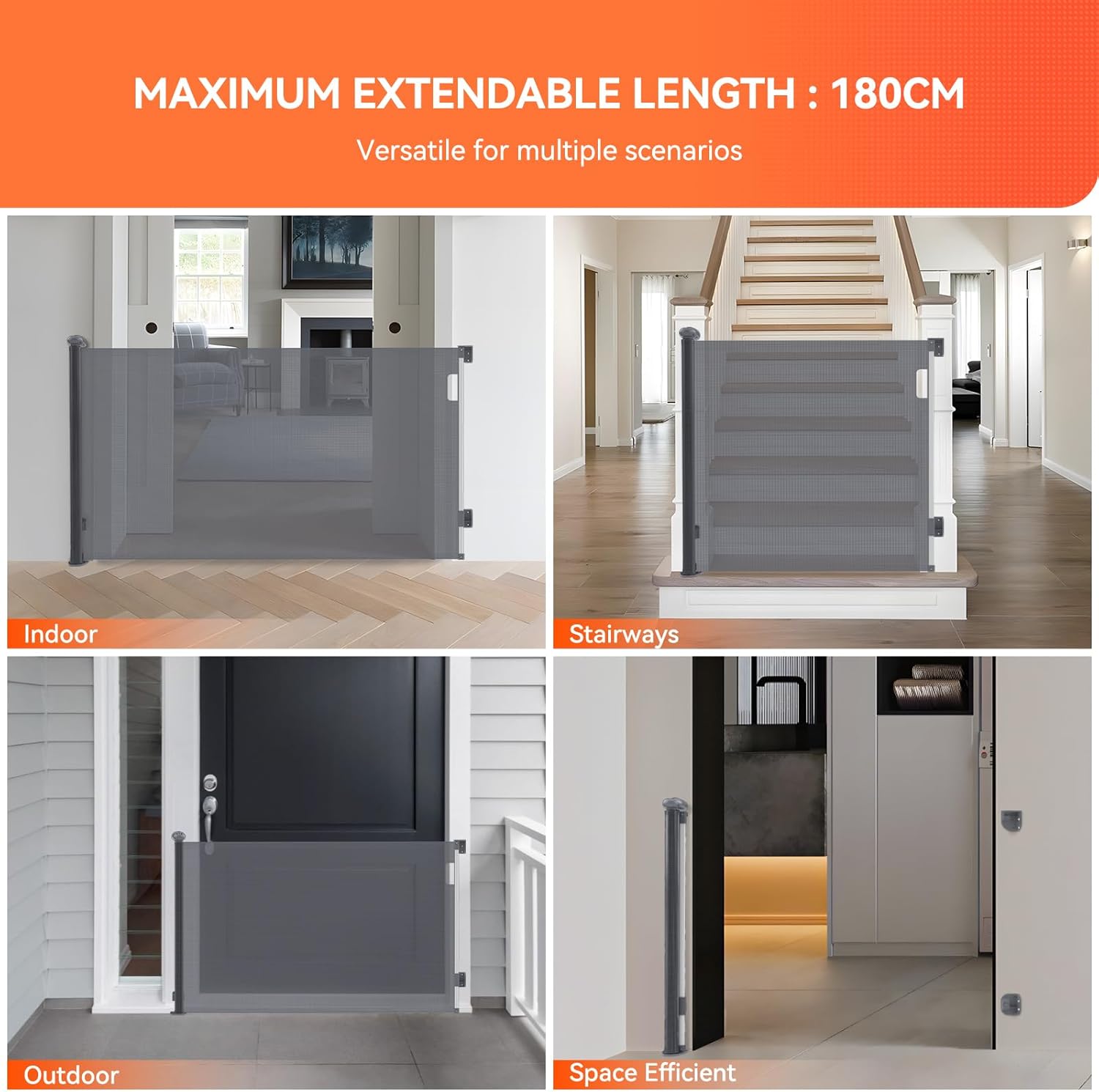 Detalle 2 de Muaket Retractable Stair Gate for Babies and Pets (0–180cm) with One-Handed Silent Operation