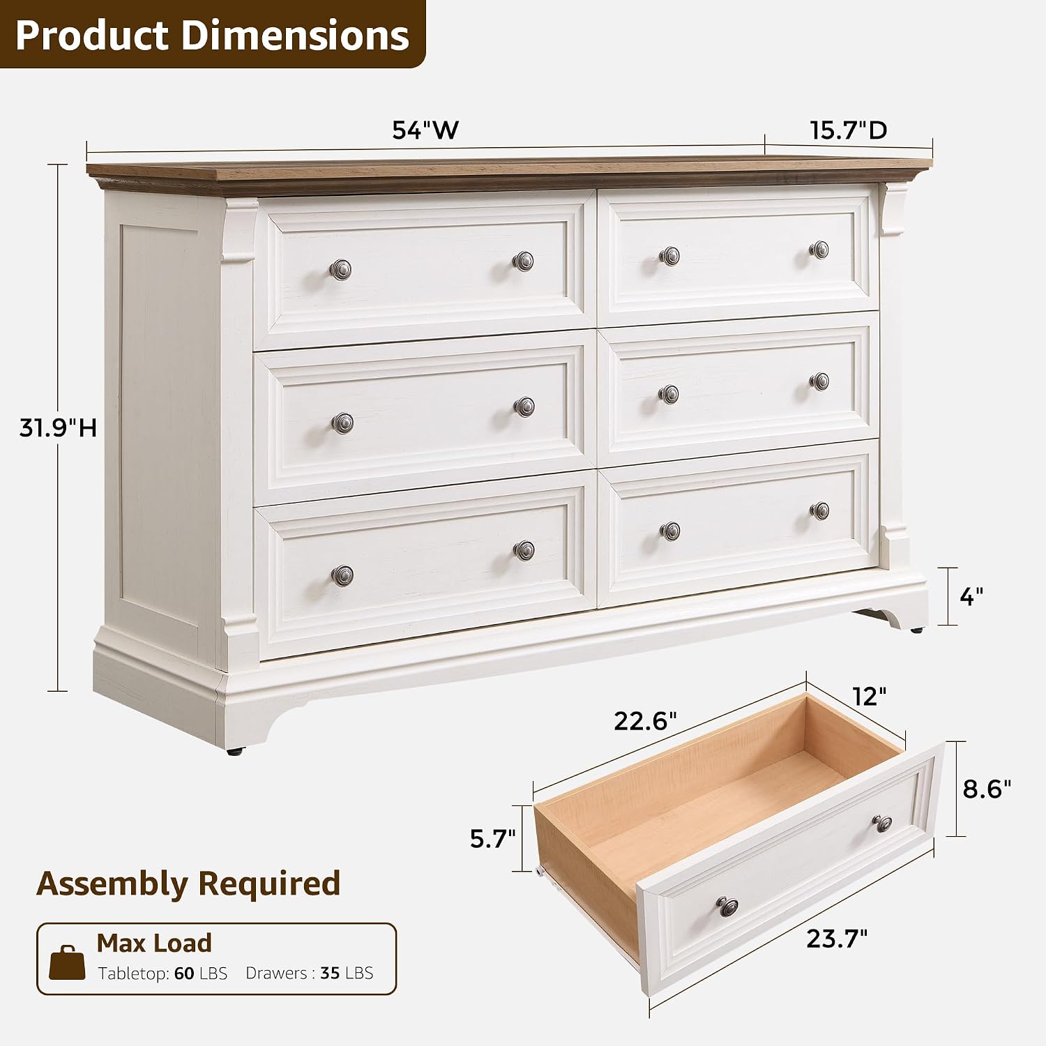 Detalle 2 de T4TREAM RPC6SDRDS-ROWAW Farmhouse 6-Drawer Dresser, 54-Inch Antique White