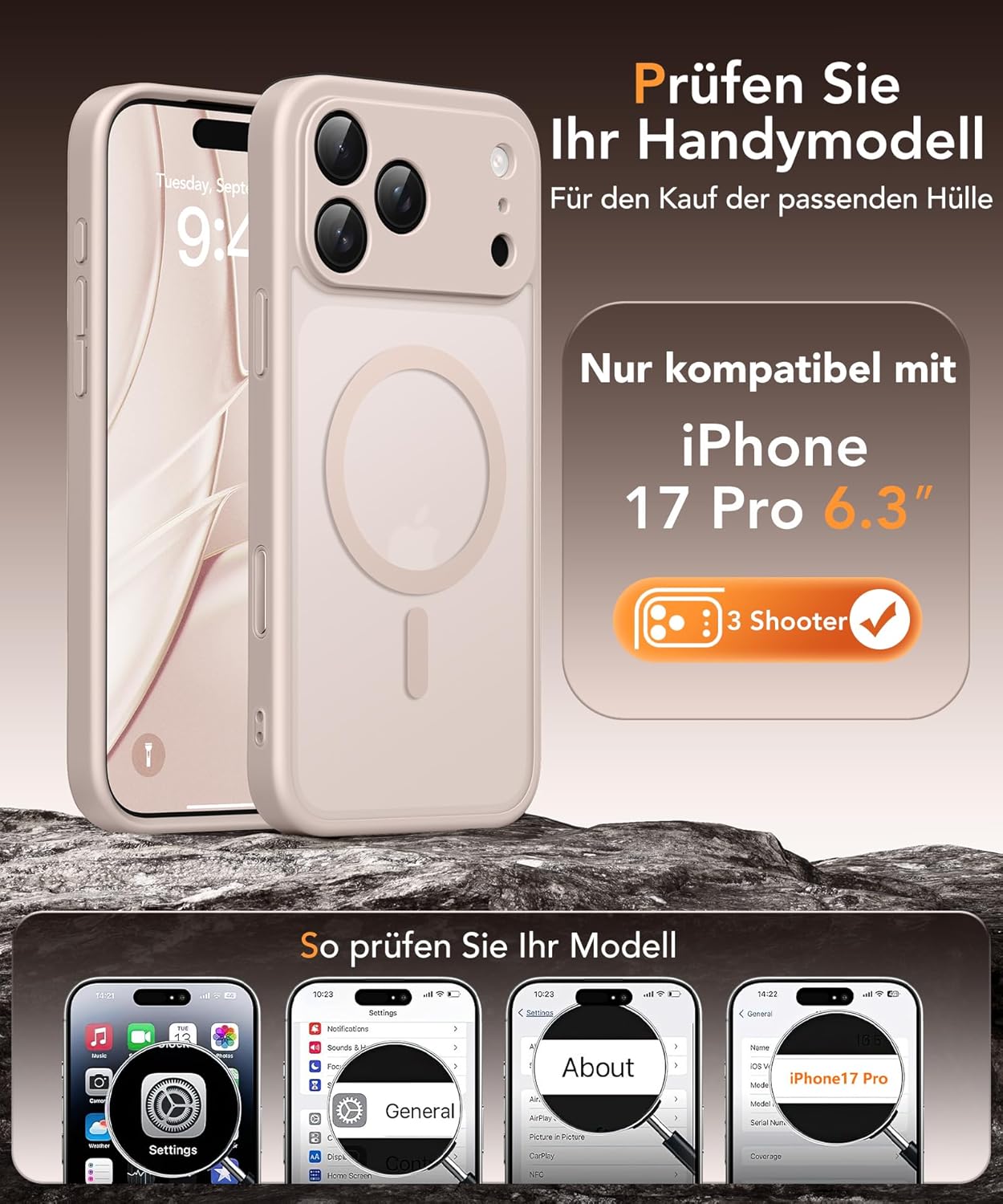 Thumbnail 1 de GOLBINBOX Magnetische Hülle für iPhone 17 Pro mit Sichtschutz (MagSafe, stoßfest, matt transparent) – Roségold