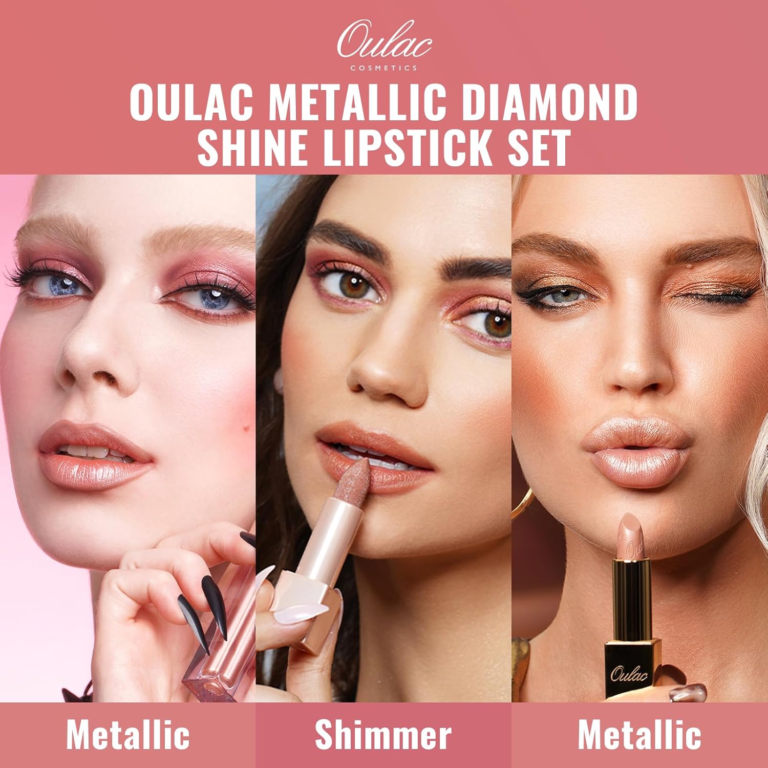 Thumbnail 6 de OULAC Nude Metallic Lipstick Kit — Shimmer & High Pigment (3pcs): Metallic Shine, Hydration & Diamond Gloss