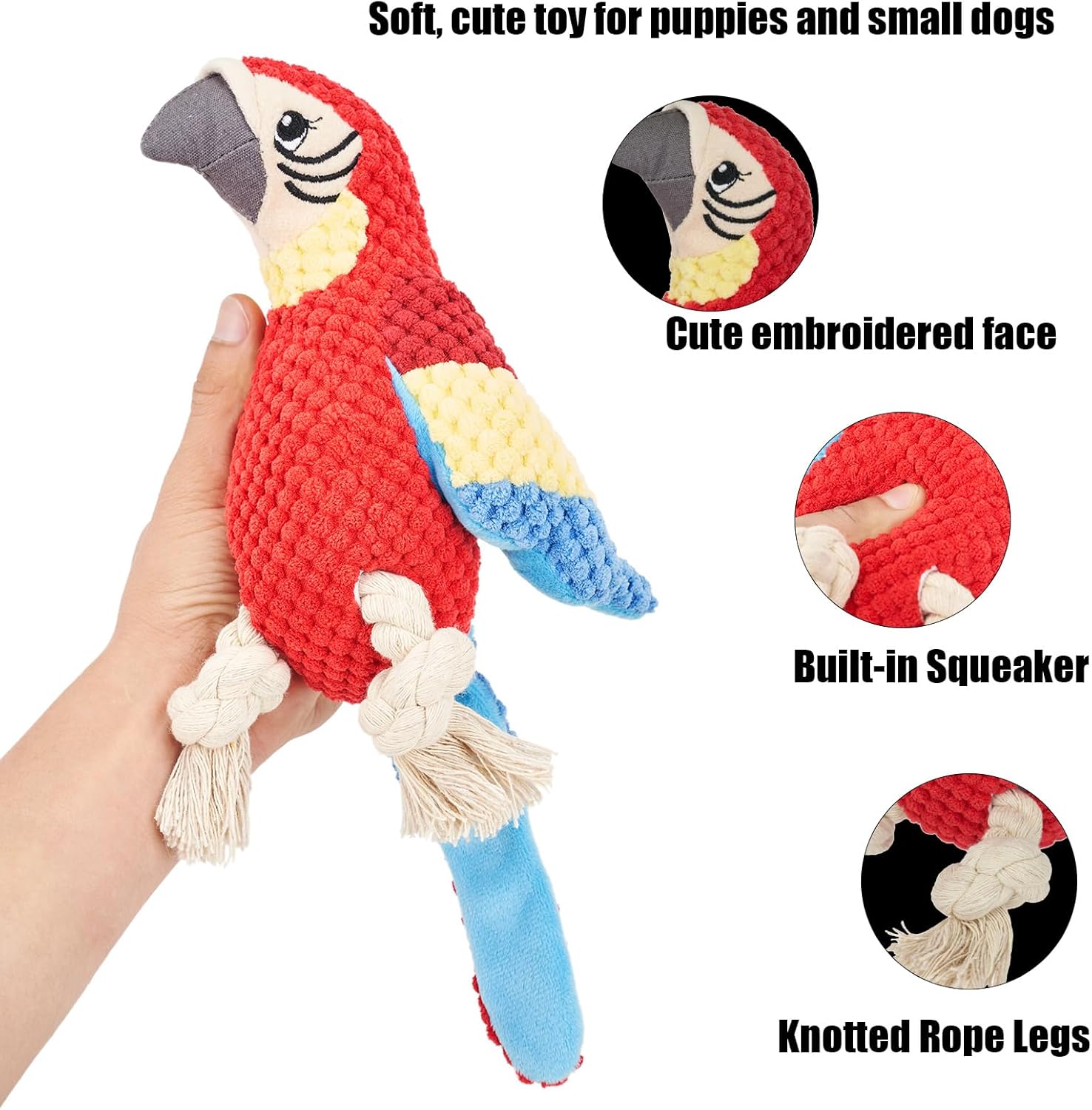 Thumbnail 2 de YUDOTE Squeaky Parrot Dog Toy for Puppies with Rope Legs (Red) – Soft plush & interactive chew